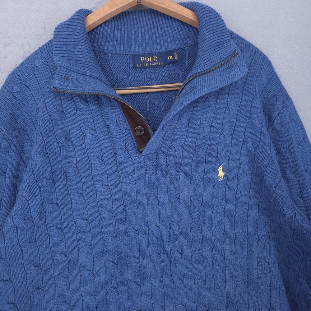Polo Ralph Lauren Sweater Mens 2XL Cable Knit 1/4 Zip Mock Neck Silk Pony Logo